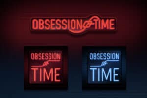 Sammanställd bild av två olika utförande av logotyper till ett elektroniskt band som heter Obsession of Time. Logotyperna är utförda som klassiska neonskyltar och lyser i rött och blått i respektive utförande.