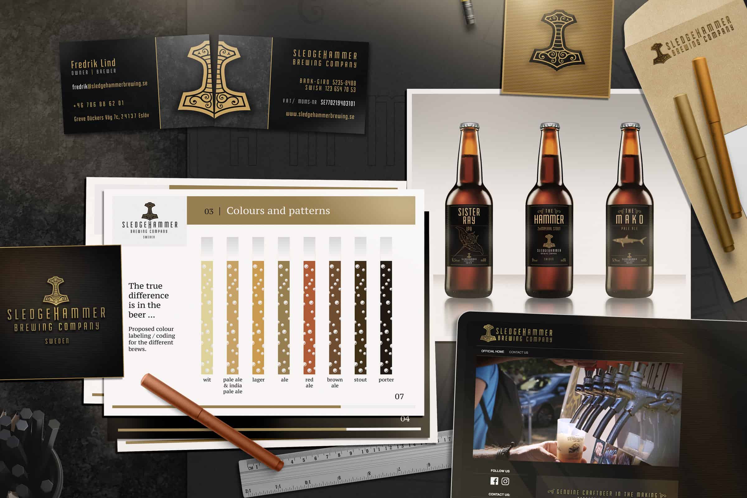 Papper med lgotyp, visitkort, utkast på hemsida och grafisk profil för bryggeriet Sledgehammer Brewing Company.