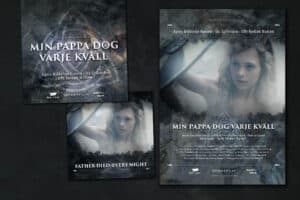 Posterdesign och bilder för marknadsföring i sociala medier till filmen Min Pappa Dog Varje Kväll signerad Karen-Helene Haugaard.