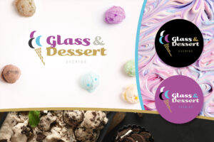 Logotyp skapad åt Glass & Dessert Sverige i glada färger med en strut med tre glasskulor. Logotypen visas i olika varianter mot ljus och mörk bakgrund samt som emblem.