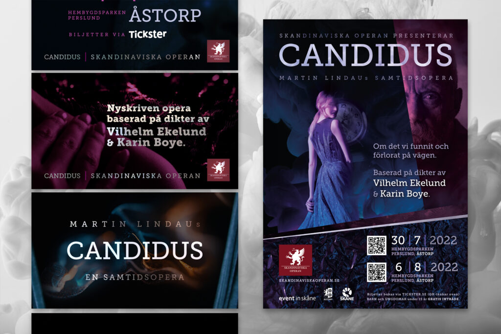 Kampanjmaterial till Skandinaviska Operan - posters och reklamfilm för den nyskrivna operan Candidus